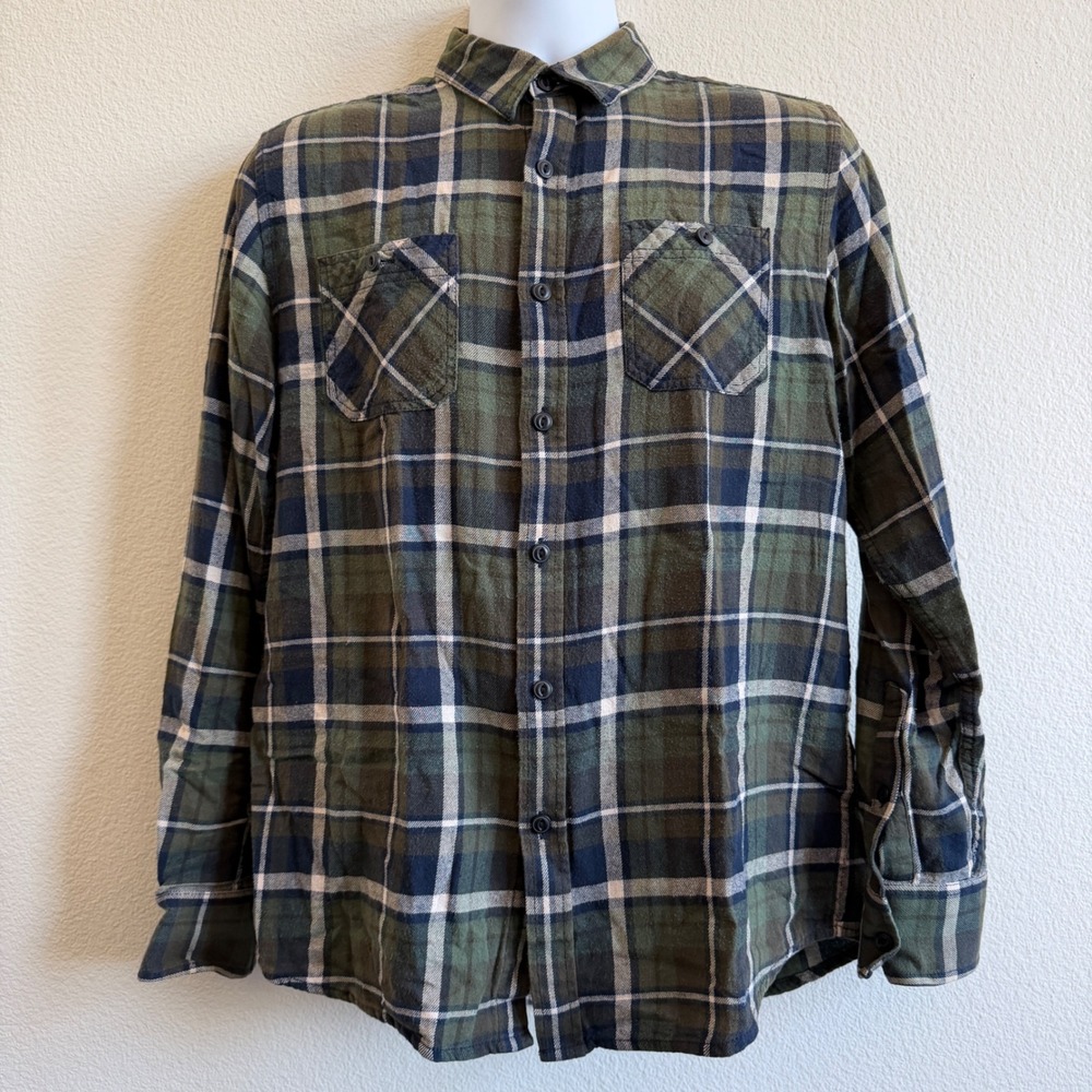 American Rag Mens Medium Green Navy Blue Plaid Cotton Flannel Button Down Shirt